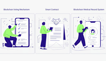 Illustrative depiction of blockchain technology applications in voting mechanism, smart contracts, and medical record systems.の素材