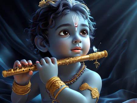A digital illustration of a young Krishna playing the flute with a butterfly nearby.の素材