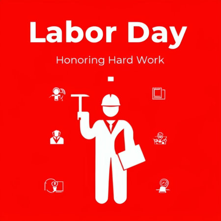 A graphic celebrating Labor Day with a figure holding tools and documents.の素材