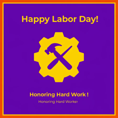 A vibrant Labor Day greeting card with a hammer and wrench symbolizing hard work.の素材