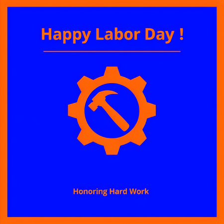 A vibrant Labor Day greeting card with a hammer and gear symbolizing hard work.の素材