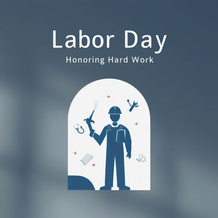 A graphic illustration celebrating Labor Day with a figure representing hard work.の素材