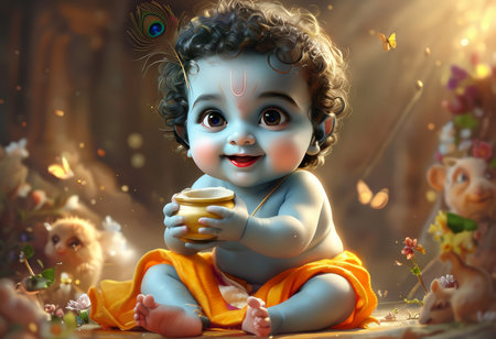 A serene and enchanting depiction of a baby dressed in traditional attire, holding a pot, surrounded by nature and soft, warm lighting.の素材