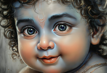 A close-up of a serene, cherubic face with a divine expression, symbolizing innocence and spirituality.の素材