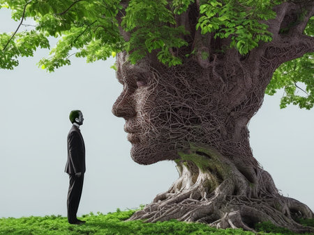 A surreal image depicting a man facing an enormous tree with human features. The scene conveys themes of nature and humanity.の素材