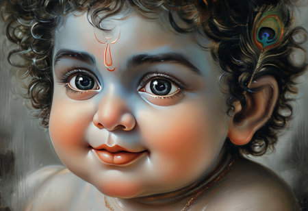 A serene and beautiful portrait of a baby with a serene expression, adorned with a peacock feather, symbolizing innocence and spirituality.の素材