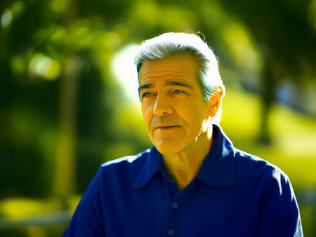 A mature man in a serene park setting during daylight hours.の素材