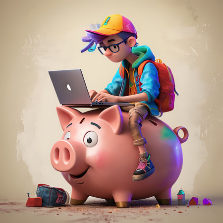 A young person with colorful hair and glasses sits on a piggy bank while using an Apple laptop. The scene is playful and vibrant.の素材
