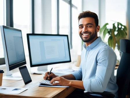 A professional man smiling at his desk with two monitors, a phone, and a coffee cup, in a bright, modern office setting.の素材