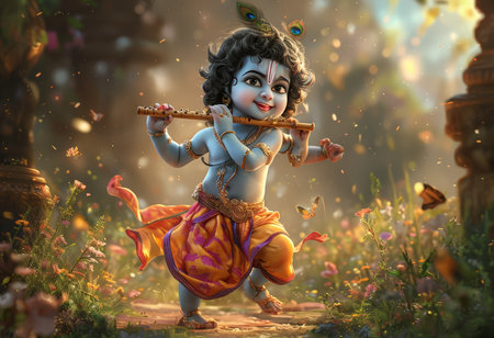 A serene depiction of a young child playing the flute amidst a blossoming garden, symbolizing innocence and divine connection.の素材