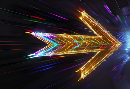 A vibrant neon arrow pointing forward against a dark background with streaks of light and color.の素材