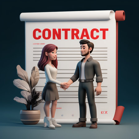 A digital illustration of a man and woman shaking hands in front of a large contract document titled 'CONTRACT'.の素材