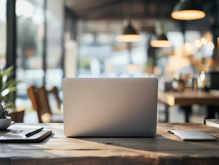 A laptop sits on a table in a cozy cafe with natural light streaming through large windows.の素材
