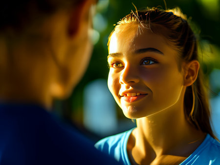 A young woman in a sports outfit smiles at someone out of frame during sunset.の素材