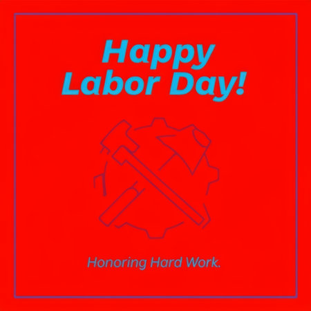A vibrant red square poster celebrating Labor Day with a focus on hard work and dedication.の素材