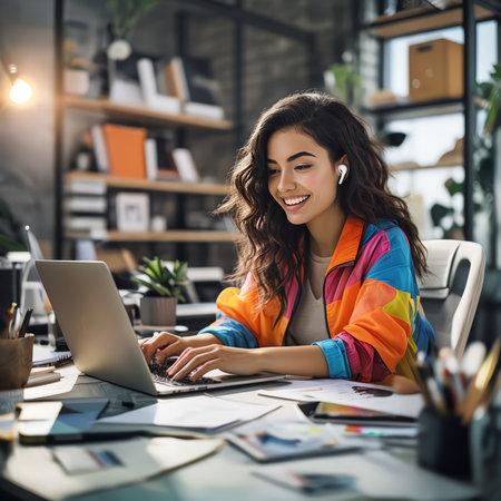A cheerful woman working on a laptop in an office environment.の素材