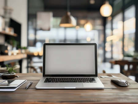 blank screen laptop on desk in modern office interior blank interiorの素材