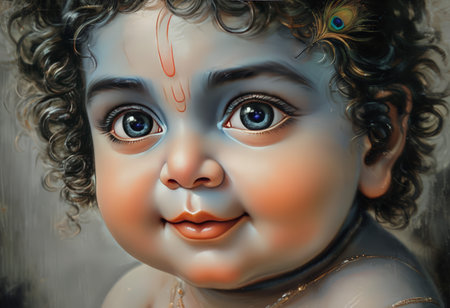 3d illustration, happy little girl, baby painting, art, paintingの素材