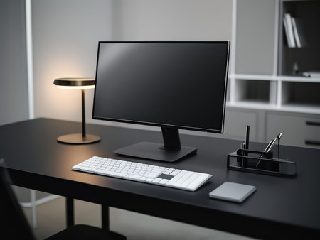 workplace with computer and modern desktop on table in office workplace officeの素材