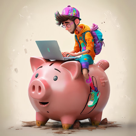 3d illustration of little boy with laptop and piggy bank on aの素材