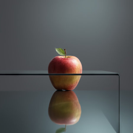 red apple on a black glass table. 3dの素材