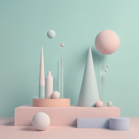 3d of podium with pink and white geometric shapes on color background. minimal design for advertising.の素材