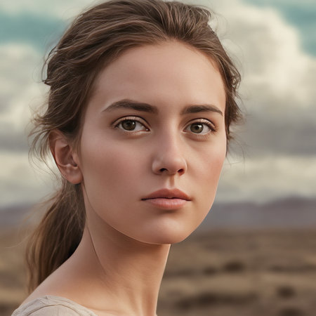 young woman with long blond hair looking at camera in fieldの素材