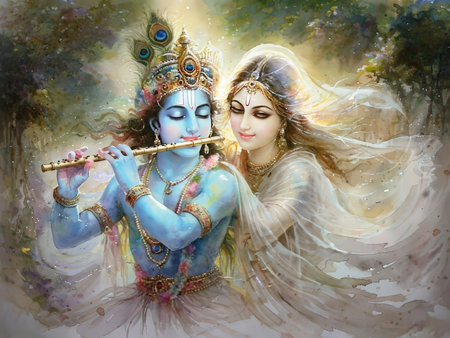 A depiction of Lord Krishna playing the flute with Radha in a serene forest setting.の素材