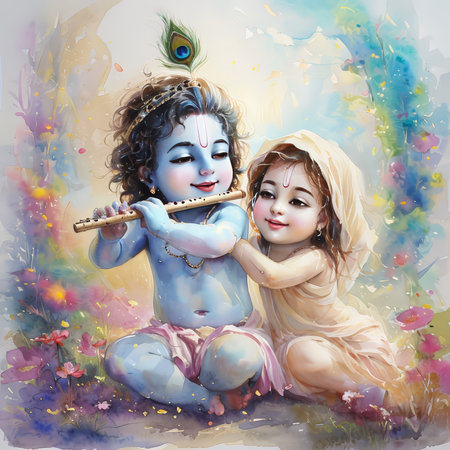 A painting depicting a young Krishna playing the flute while Radha sits beside him in a colorful garden.の素材