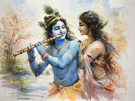 A watercolor painting depicting Lord Krishna playing the flute with Radha in a serene outdoor setting.の素材