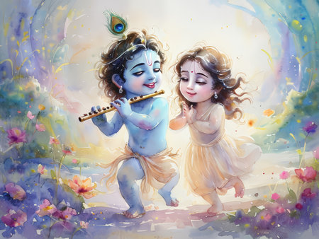 A watercolor painting depicting a young Krishna playing the flute and Radha in a joyful moment.の素材