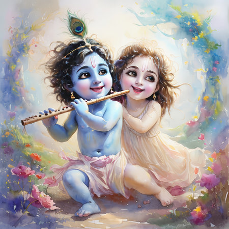A painting of a young Krishna playing the flute with Radha in a serene garden setting.の素材