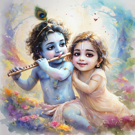A painting depicting a young Krishna playing the flute with Radha in a colorful garden.の素材