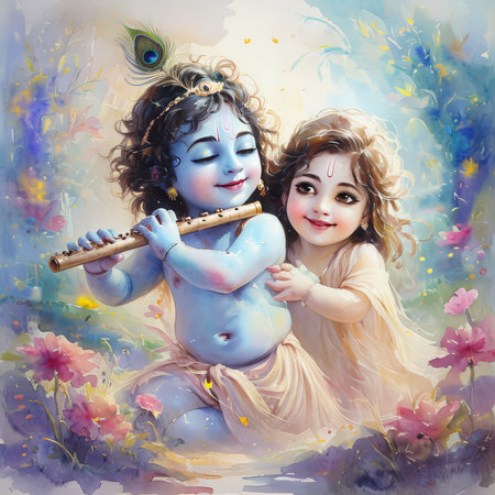 A painting depicting a young Krishna playing the flute with Radha in a serene garden.の素材
