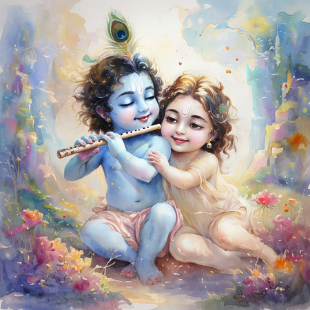 A painting depicting a young Krishna playing the flute with Radha in a serene garden.の素材
