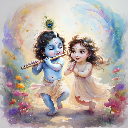 A painting of a young Krishna playing the flute with Radha in a colorful garden.の素材