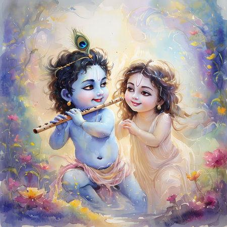 A painting depicting a young Krishna playing the flute with Radha in a serene garden.の素材