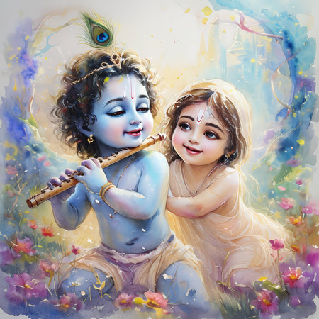 A painting depicting Lord Krishna and Radha amidst a colorful garden with flowers. Krishna is playing the flute while Radha sits beside him.の素材