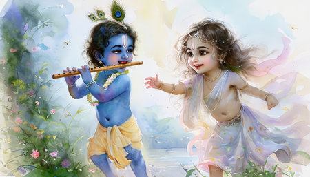 A digital painting depicting Lord Krishna and Radha in a serene natural setting.の素材