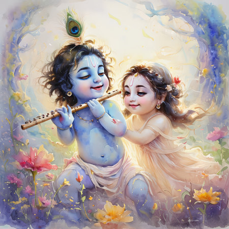 A painting depicting a young Krishna playing the flute with Radha in a serene garden.の素材