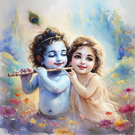 A painting depicting a young Krishna playing the flute with Radha in a vibrant garden.の素材