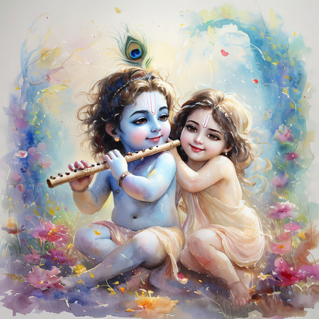 A painting depicting a young Krishna playing the flute with Radha in a serene garden setting.の素材
