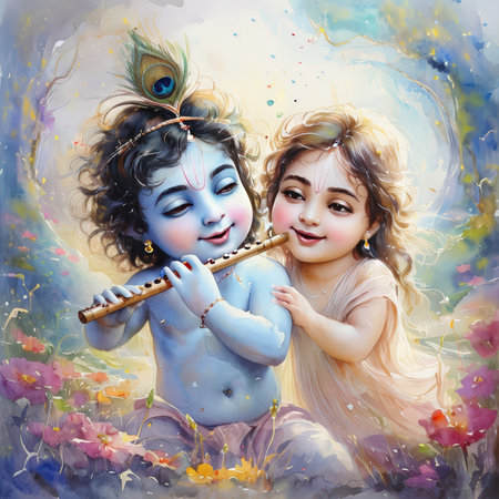 A painting depicting a young Krishna playing the flute with Radha in a colorful garden.の素材