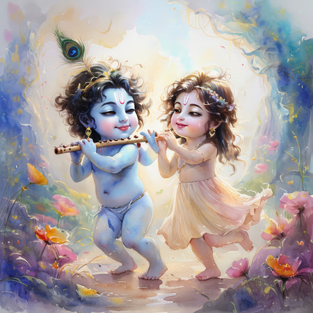 A painting of a young Krishna playing the flute with Radha dancing beside him.の素材