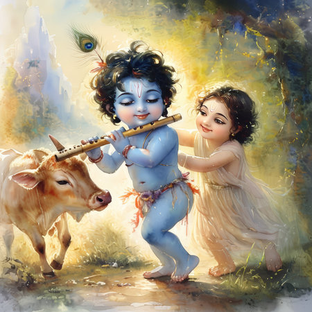 Cute little boy and girl playing the flute. Childish painting.の素材