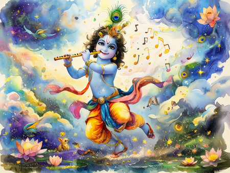 A vibrant depiction of Lord Krishna playing the flute amidst a magical landscape.の素材
