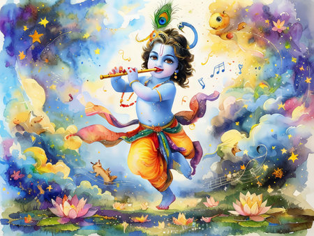 A vibrant depiction of Lord Krishna playing the flute amidst a magical landscape.の素材