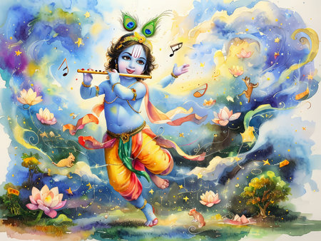 A vibrant depiction of Lord Krishna playing the flute amidst a magical landscape.の素材