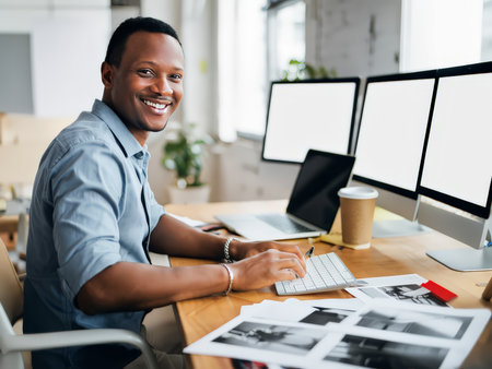 A smiling man working at a desk with multiple computer monitors and documents.の素材