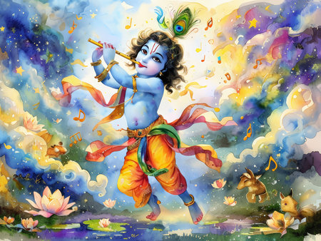 A vibrant depiction of Lord Krishna playing the flute amidst a magical landscape.の素材